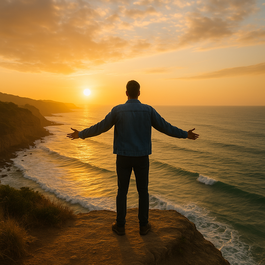 Mensch mit weit geöffneten Armen vor einem Sonnenuntergang am Meer